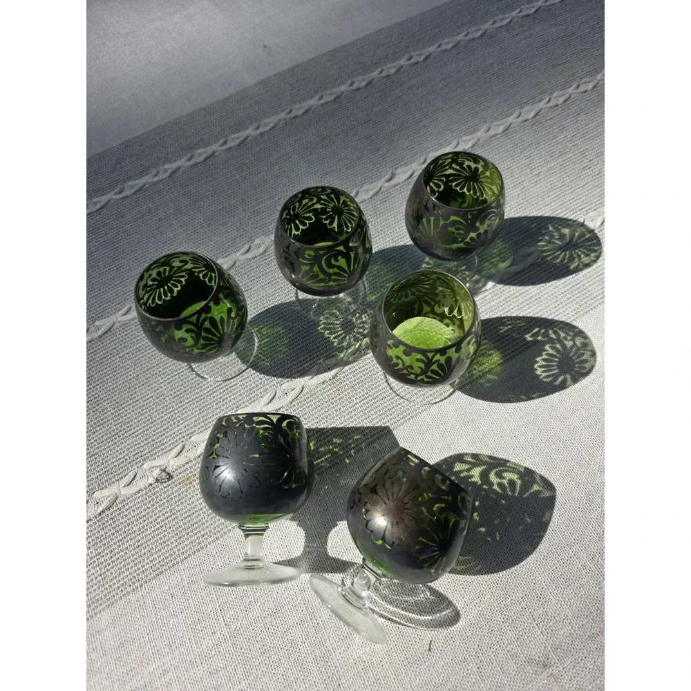 VTG Green Silver Overlay Cordial‎ Liqueuer Glasses Set of 6 Stemware 3